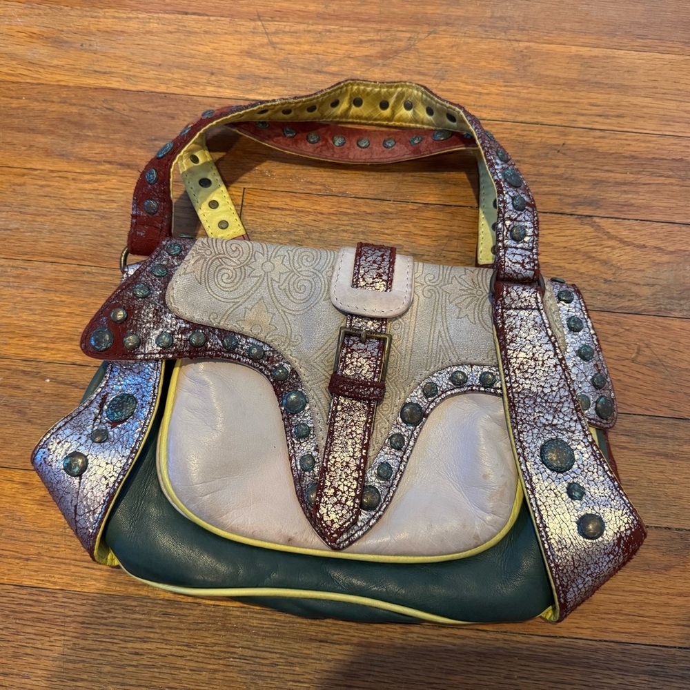Roberto Cavalli Cream and Green Shoulder Bag